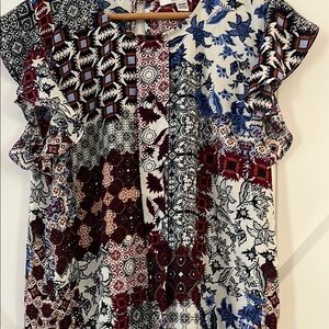 Anthropologie Ruffled Blue and Red Blouse